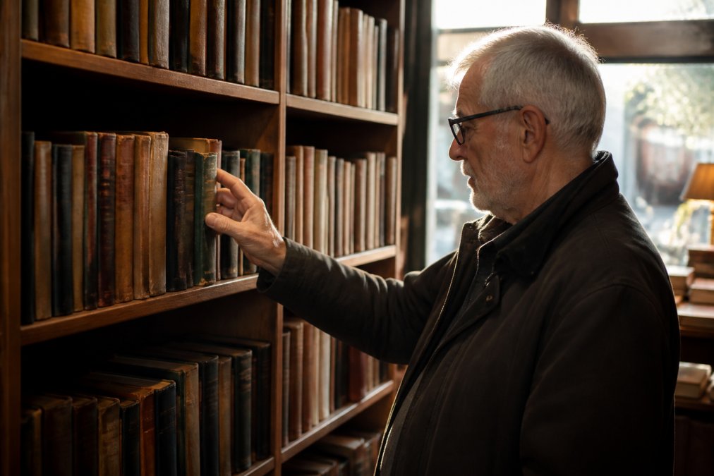 Older adult browsing weathered spines of vintage books on wooden shelves in a cosy independent bookshop, warm natural light streaming through the window, fingers tracing the edge of a classic hardcover from the 1970s