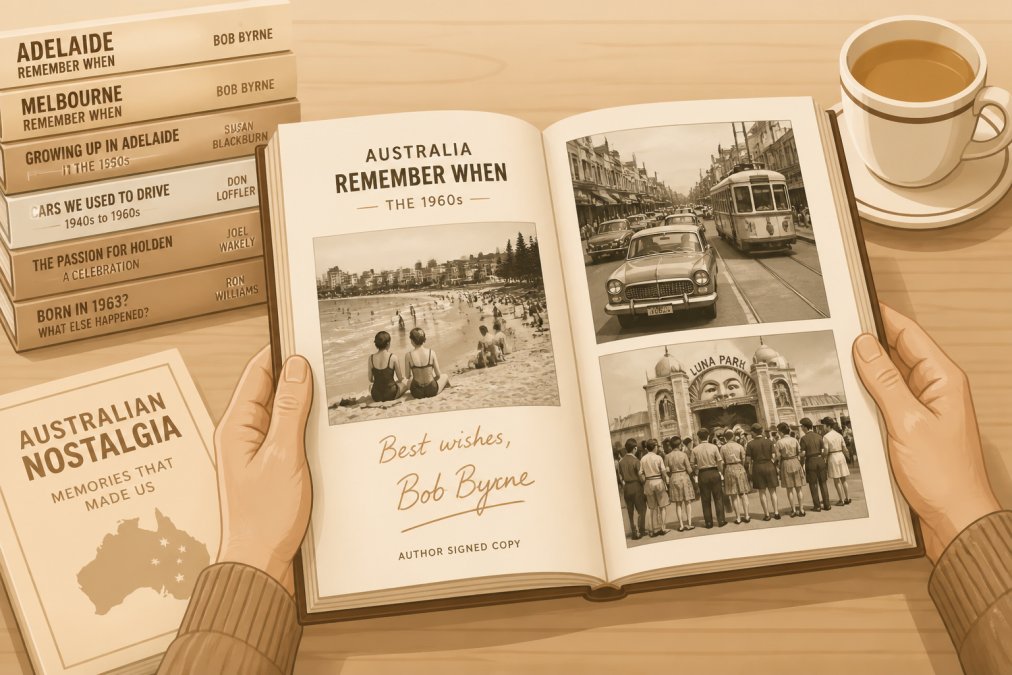 Hands carefully holding open an author-signed nostalgia book displaying vintage black-and-white Australian photographs from the 1960s era, warm indoor lighting illuminating the aged pages, a cup of tea visible on the wooden table beside the book