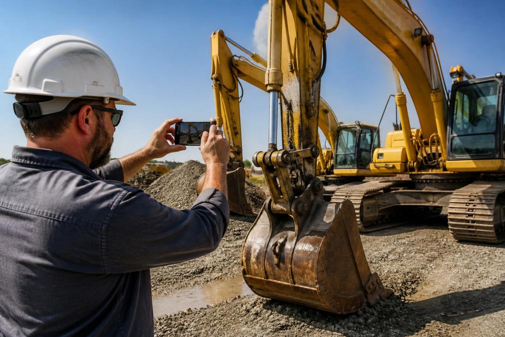 Construction contractor photographing an excavator with a smartphone for an online listing, capturing detailed angles of the equipment bucket and hydraulic attachments in bright daylight