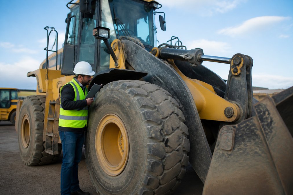 Heavy equipment inspector conducting a hands-on inspection of a wheel loader, checking hydraulic systems and tire condition in a yard setting with natural daylight