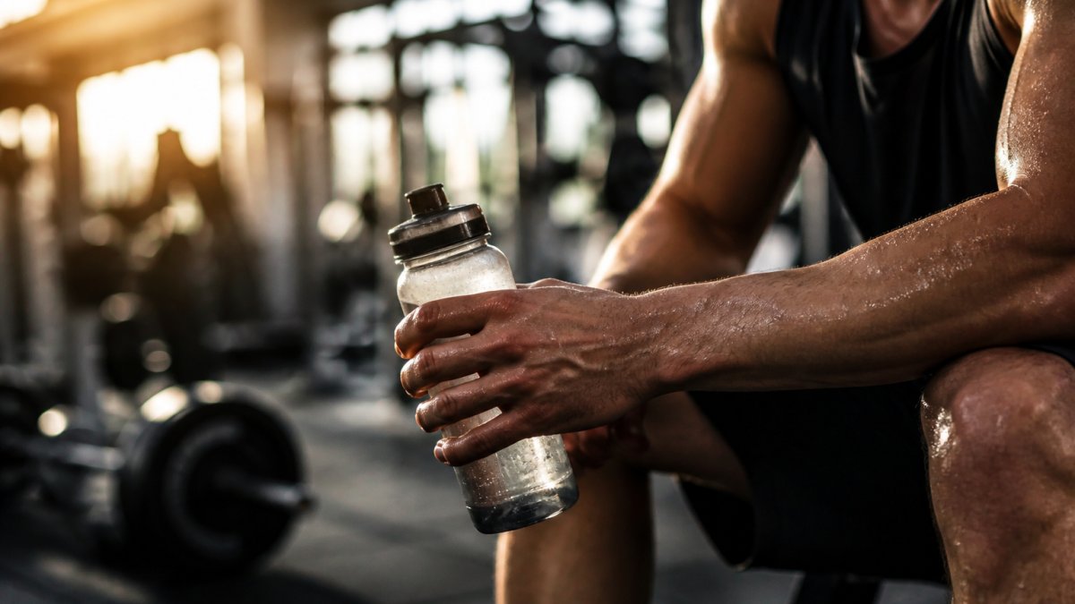 A close-up of a muscular athlete's hand gripping a water bottle in a sunlit gym, sweat glistening on skin, with a blurred background of workout equipment