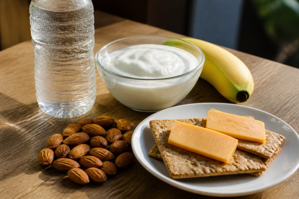 Close-up of healthy pre-workout snacks on a wooden table: Greek yogurt in a bowl, whole grain crackers with cheese, almonds scattered nearby, a banana, and a water bottle with condensation, natural sunlight streaming across the surface