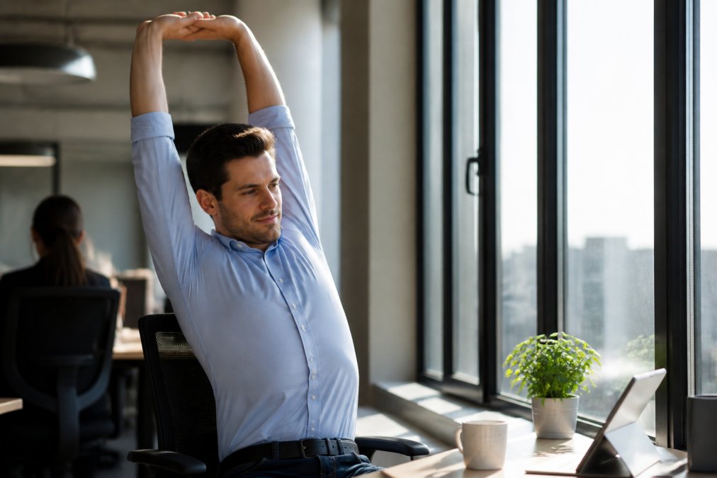 Professional athlete performing a dynamic stretch at their desk, arms extended overhead, natural sunlight streaming through office windows, casual work attire, energized posture