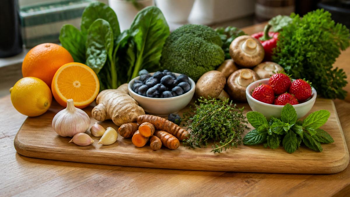 Fresh fruits, vegetables, and herbs on a wooden board to boost immunity flu season naturally.