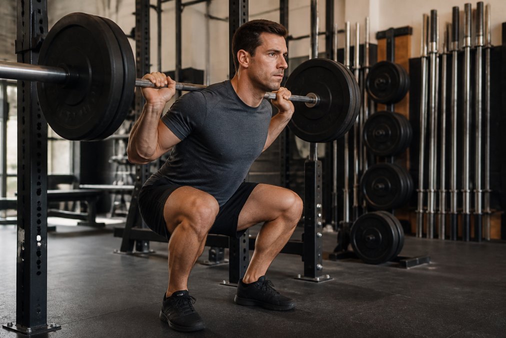 Person performing a barbell squat with proper form in a well-lit gym, focused expression, weight plates visible in background