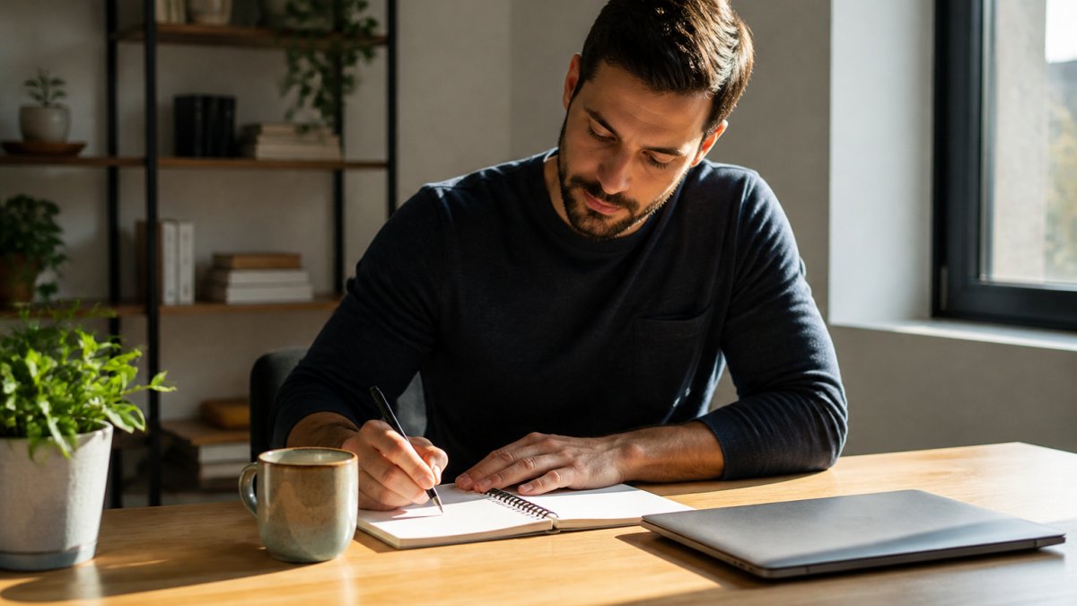 Focused professional working at a bright desk with a fresh cup of coffee and a laptop.