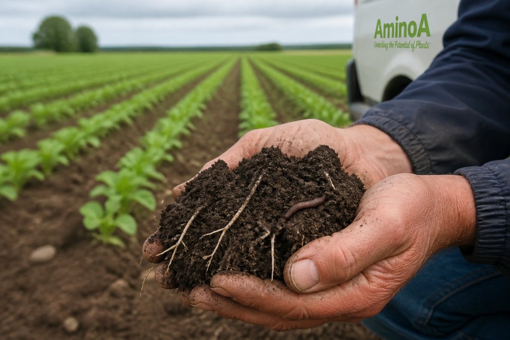 A farmer's hands cupping dark, crumbly soil with visible white root hairs and an earthworm, arable field and green crop rows soft in the background under overcast light