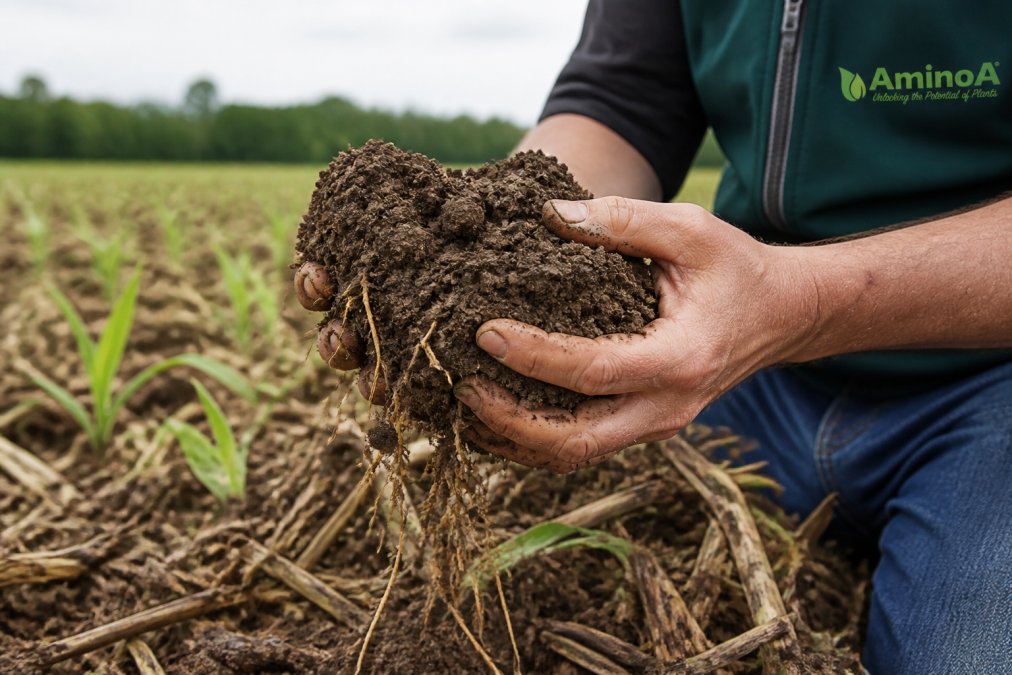 Close-up of a farmer's hands lifting a clump of dark, crumbly soil from a field, showing visible root structures and soil aggregates in natural daylight