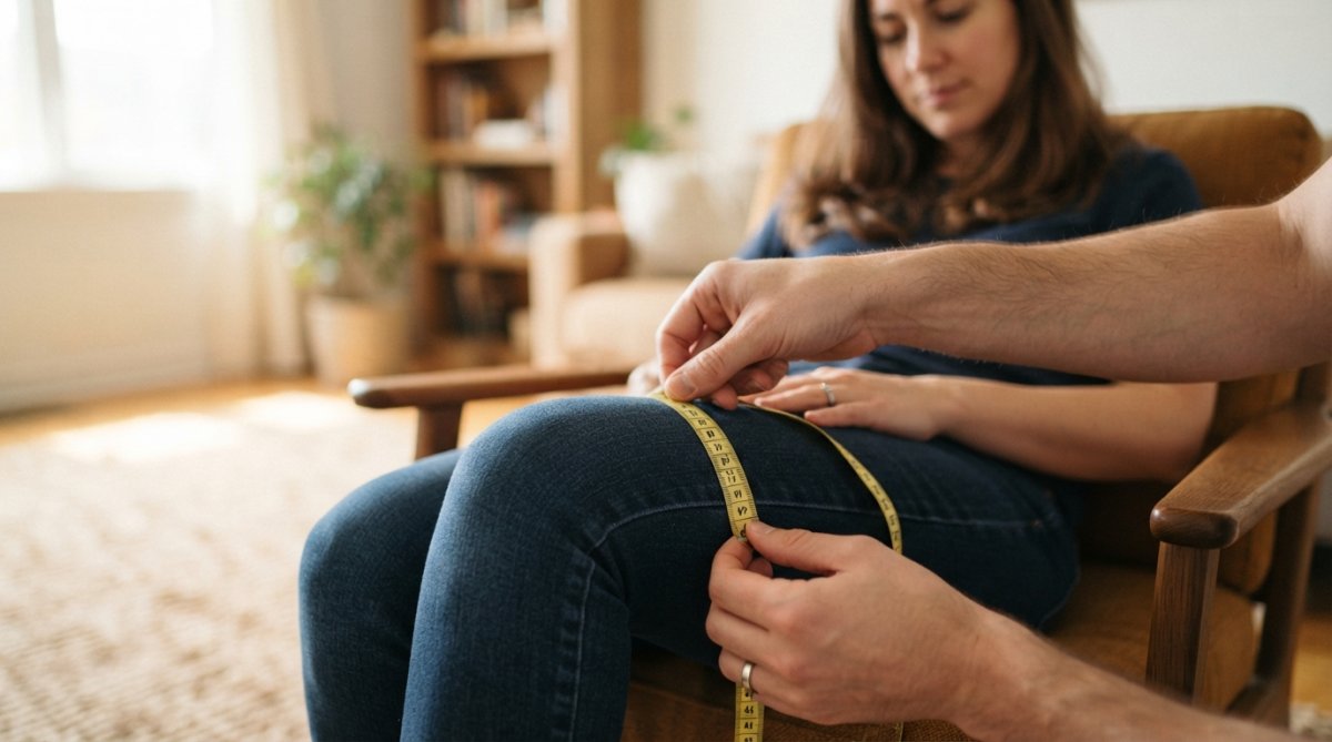 Close-up of hands wrapping a soft measuring tape around a woman's thigh to measure circumference for proper boot sleeve sizing, with natural lighting and a neutral background