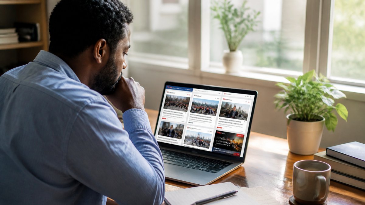 Professional journalist reviewing multiple news sources on laptop screen, comparing coverage across different outlets, in bright home office with natural lighting