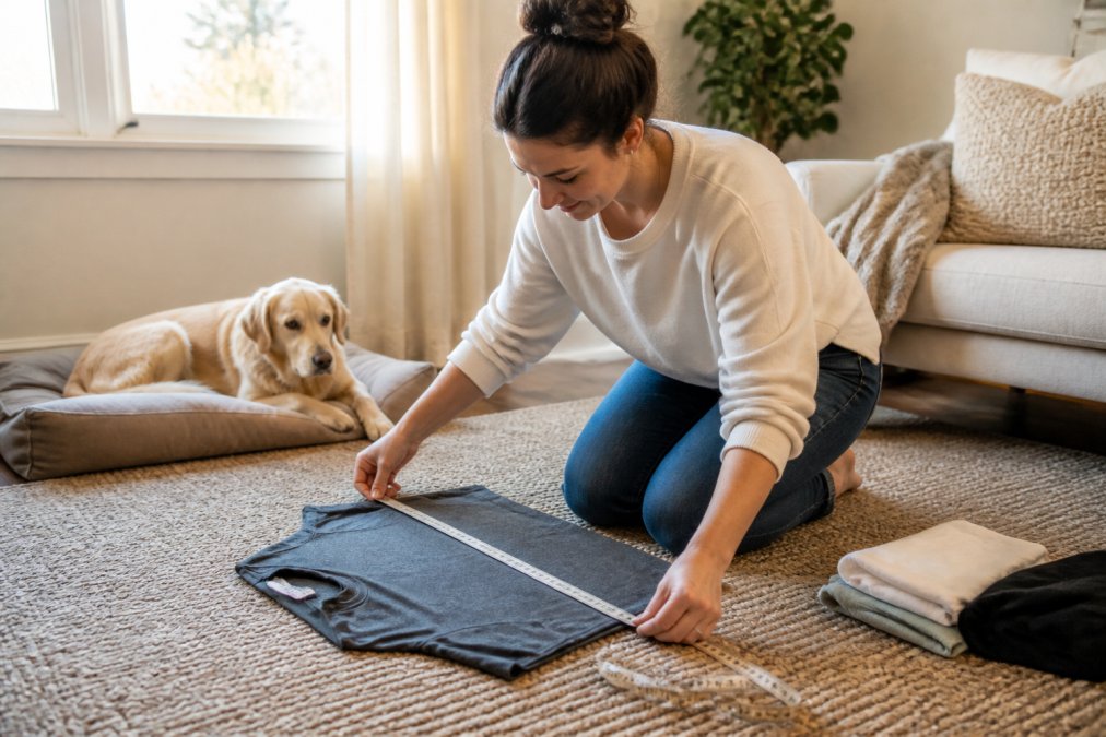 A woman in her thirties kneeling on a living room floor measuring a folded t-shirt flat on a rug with a soft tape measure, morning light through a window