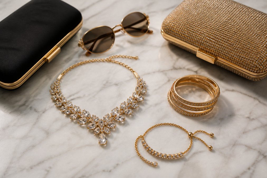 Flat lay arrangement of trendy fashion accessories including gold bracelets, crystal necklaces, luxury clutch bags, and rimless sunglasses on a neutral marble surface with soft natural lighting