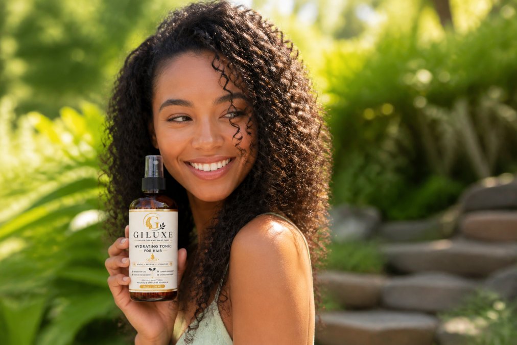 Person with visibly hydrated, shiny textured hair showing healthy curl definition and moisture retention after botanical oil treatment, natural outdoor lighting