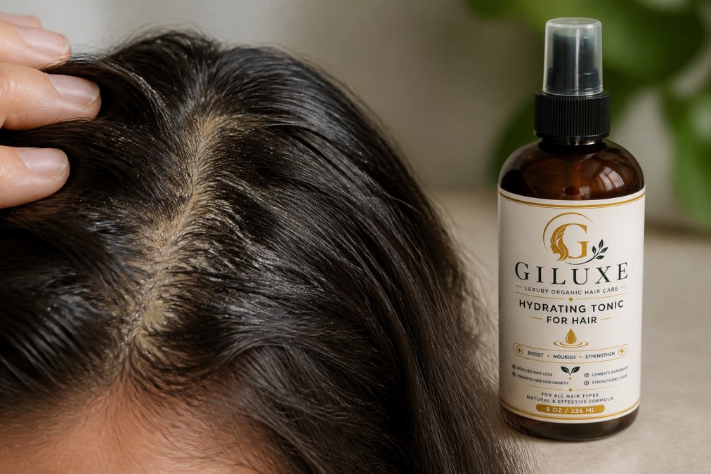 Close-up of person's scalp and hair strands with visible product residue and waxy buildup under natural lighting, showing the accumulation of botanical oils