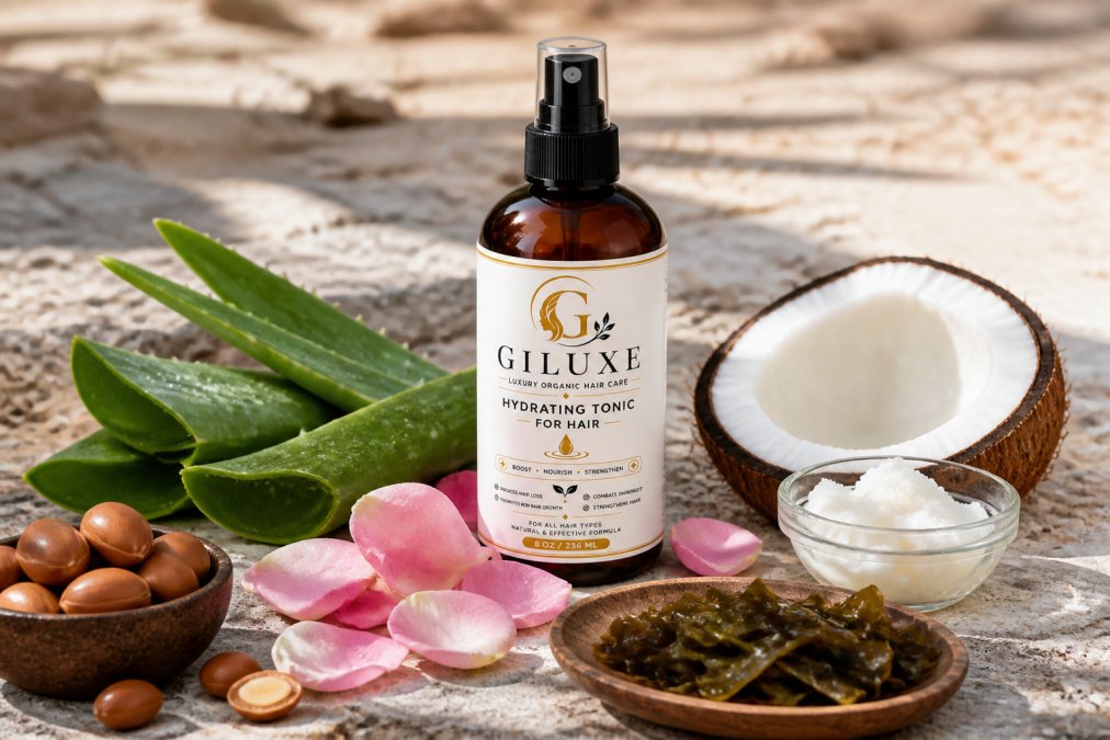 Arrangement of botanical ingredients including argan oil in glass bottle, fresh aloe vera leaves, coconut oil, rose petals, and seaweed on natural stone surface with soft natural lighting