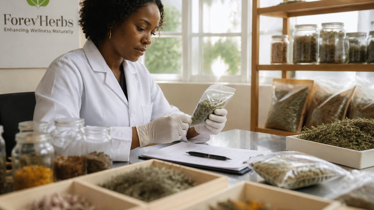 Quality control specialist inspecting botanical herb samples and reviewing documentation in a laboratory facility