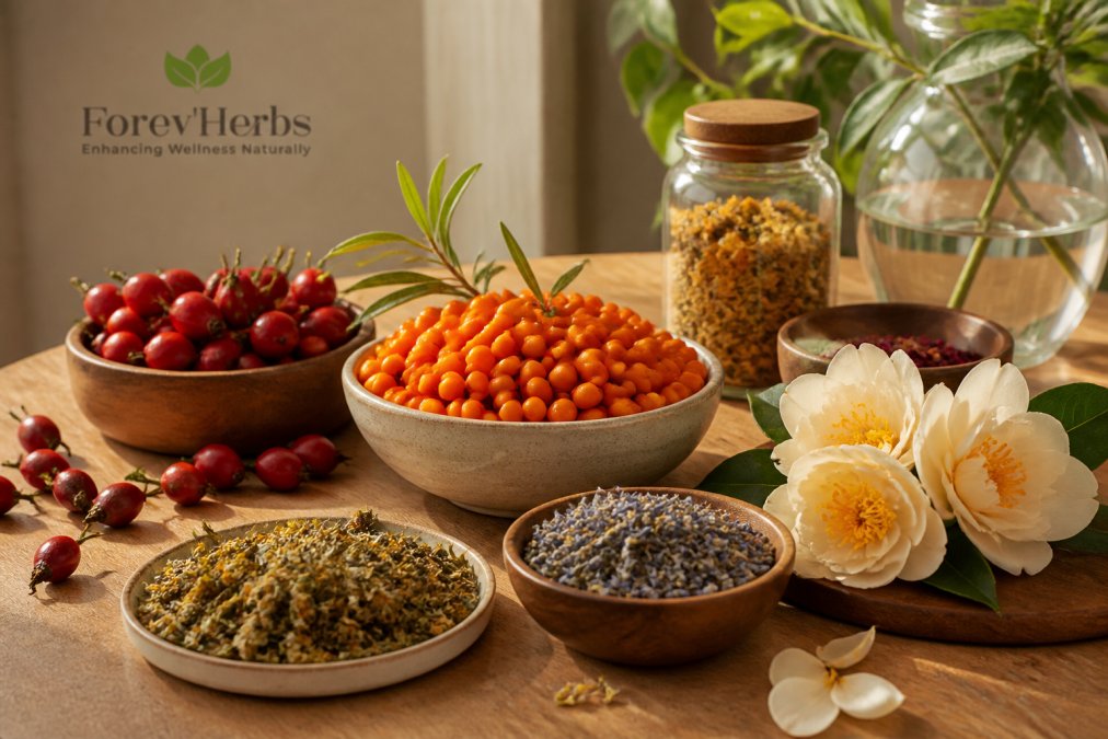 Rosehip, camellia, and dried herbs as botanical ingredients for skin on a wooden surface at golden hour.