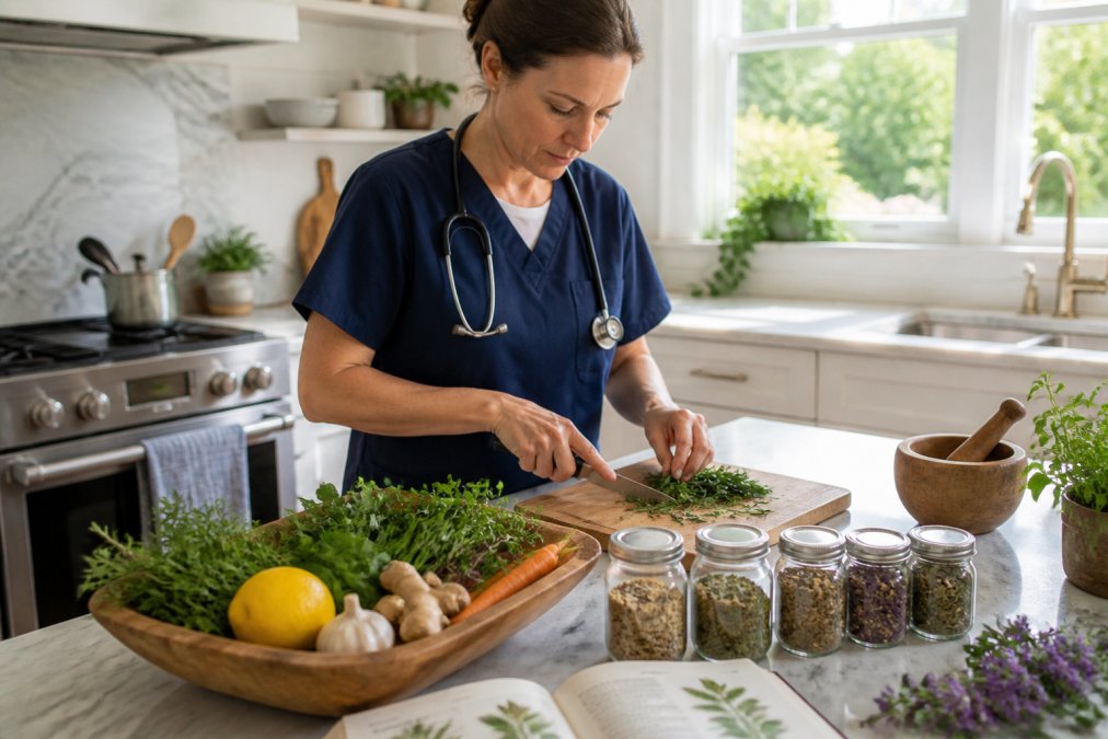 Registered nurse in clinical attire preparing fresh herbs and whole foods in a bright, modern kitchen setting, with patient education materials and herb reference guides visible on the counter, demonstrating natural remedy preparation techniques
