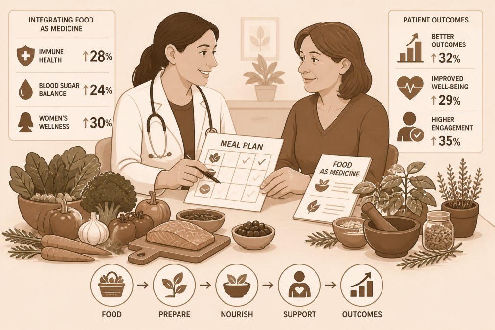 Healthcare professional consulting with a patient at a table displaying colorful whole foods, fresh vegetables, and herbs, with both reviewing dietary planning documents and engagement materials together in a bright clinical setting