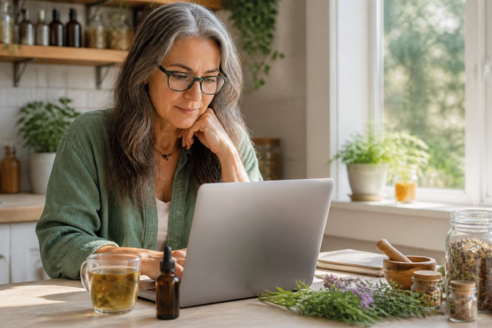 A woman in her fifties sitting at a kitchen table with a laptop, a cup of herbal tea, and a small bottle of tincture beside her, reviewing a wellness website in natural morning light
