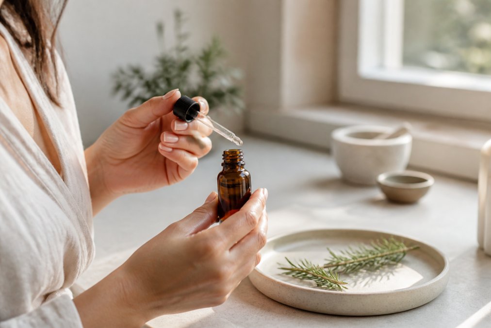 Hands holding an amber serum bottle with rosemary on a tray, a hallmark of premium botanical skincare brands