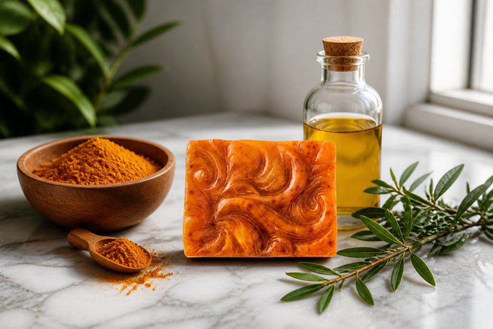 Close-up of turmeric powder in a wooden bowl next to a glass bottle of golden jojoba oil and fresh green tea tree leaves arranged on a white marble surface with soft natural window lighting