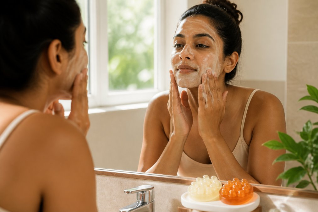 Person with medium skin tone gently applying lather from a facial cleansing soap bar to their face in circular motions at a bathroom sink with bright morning sunlight streaming through a window, mirror reflection visible