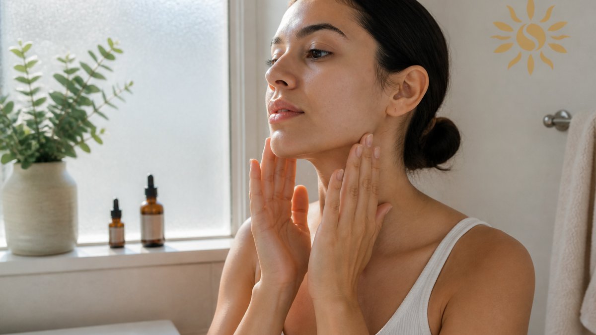Woman applying botanical skincare serum in a bright, minimalist bathroom with soft natural light streaming through frosted glass, her hands gently massaging the product into her jawline