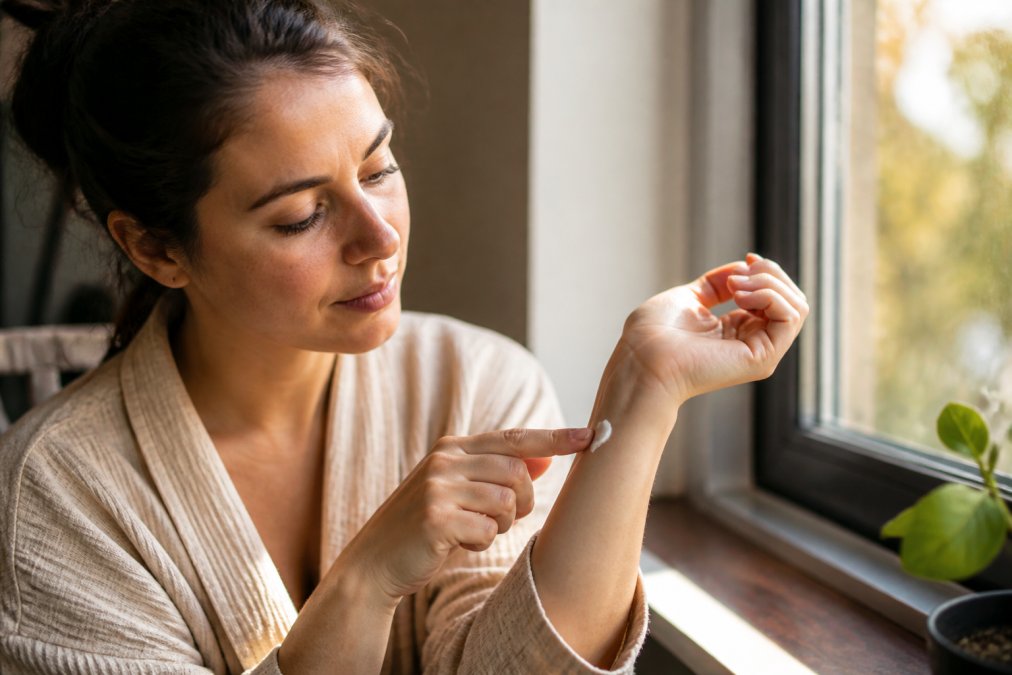 Close-up of hands applying a small amount of cream to the inside of a wrist for patch testing, with natural morning light from a window illuminating the action