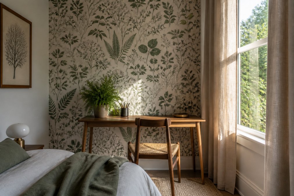 Sunlit bedroom corner featuring botanical wallpaper behind a wooden desk with a potted fern and linen curtains.