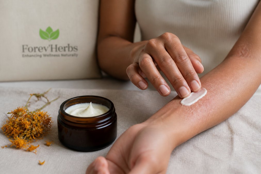 Close-up of a person with eczema-prone skin gently applying a small amount of rich botanical cream to their forearm, with an open jar of cream and a sprig of dried calendula on a clean linen surface nearby