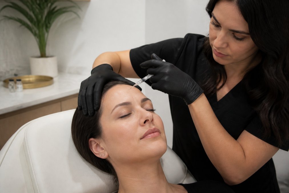 Clinician performing botox for chronic tension headaches by injecting the patient's temples and forehead muscles.