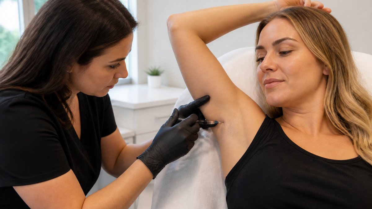 Professional practitioner performing botox for excessive underarm sweating in a bright, modern clinic.