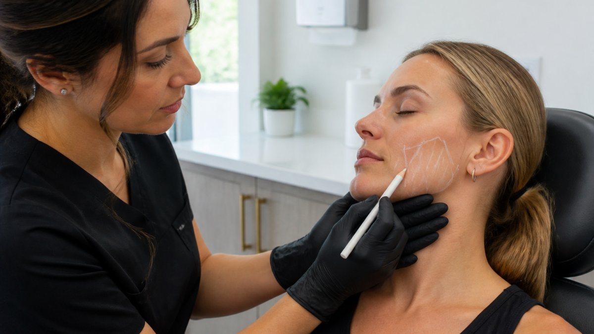 Professional demonstrating botox injection technique on patient's jaw area, showing anatomical landmarks of masseter muscle during consultation in clinical setting with natural lighting