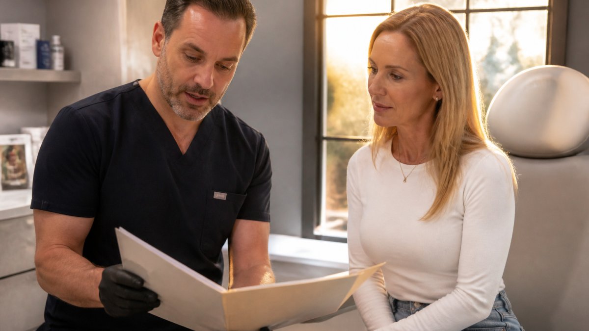 A licensed medical professional in a clean, well-lit treatment room reviewing a patient's chart before a cosmetic injectable appointment