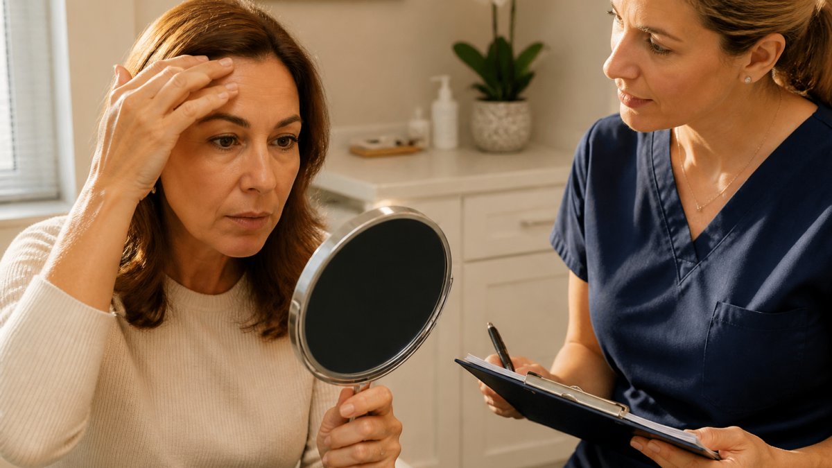Woman in her 40s consulting with a nurse about Botox vs Dysport for forehead and frown line treatment.