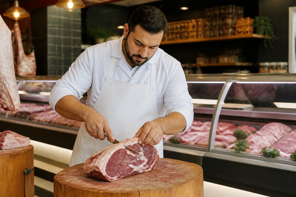 A skilled butcher in a white apron hand-cutting a premium piece of beef on a wooden block inside a traditional butcher shop, with refrigerated display cases visible in the background and warm overhead lighting