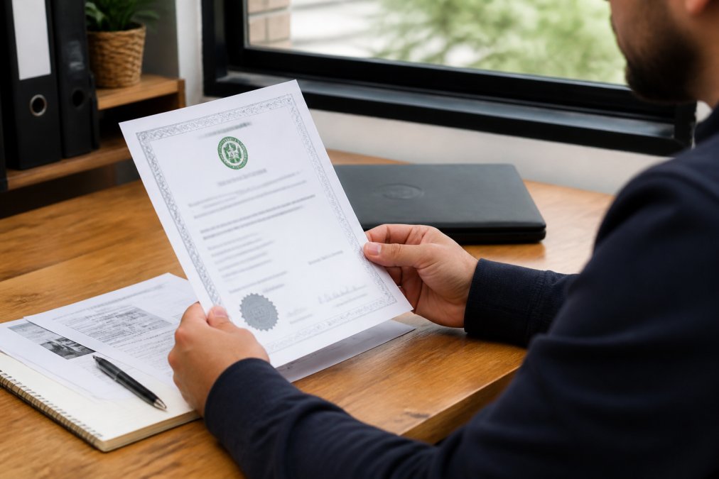 Close-up of a person's hands carefully reading an official halal certification document under natural daylight, with a laptop open in the background displaying a certification body's website