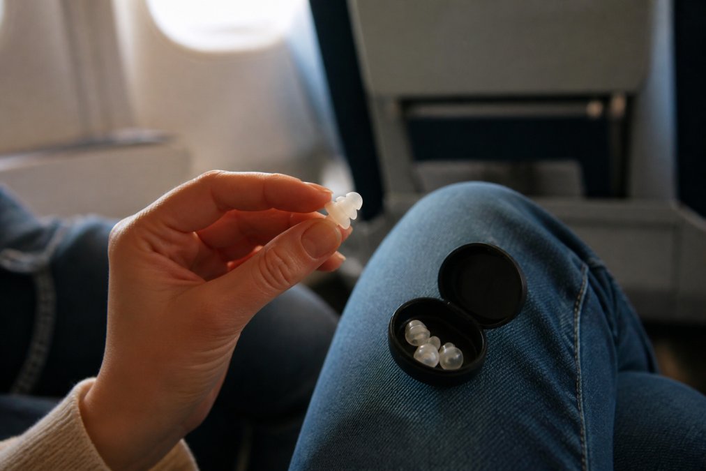 Main tenant un bouchon d'oreille en silicone souple de couleur claire, étui de transport noir ouvert à côté, siège d'avion flou en arrière-plan, lumière naturelle tamisée