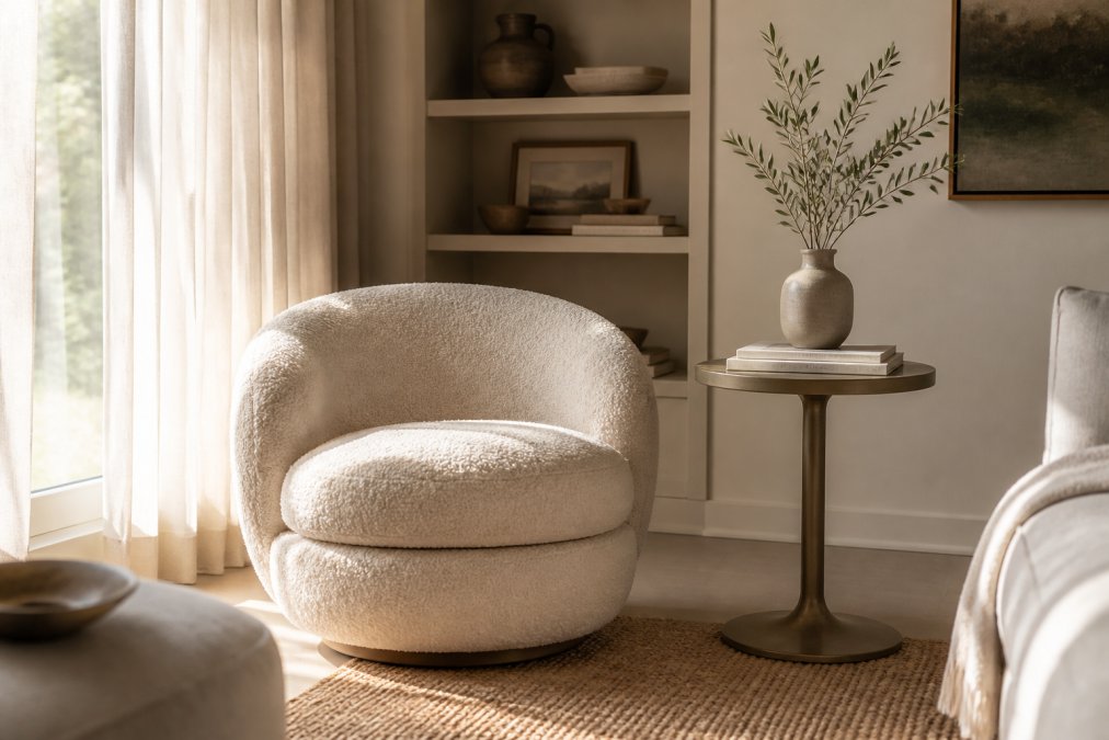 Infographic showing the interior design trends and popularity growth of textured swivel seating in modern homes