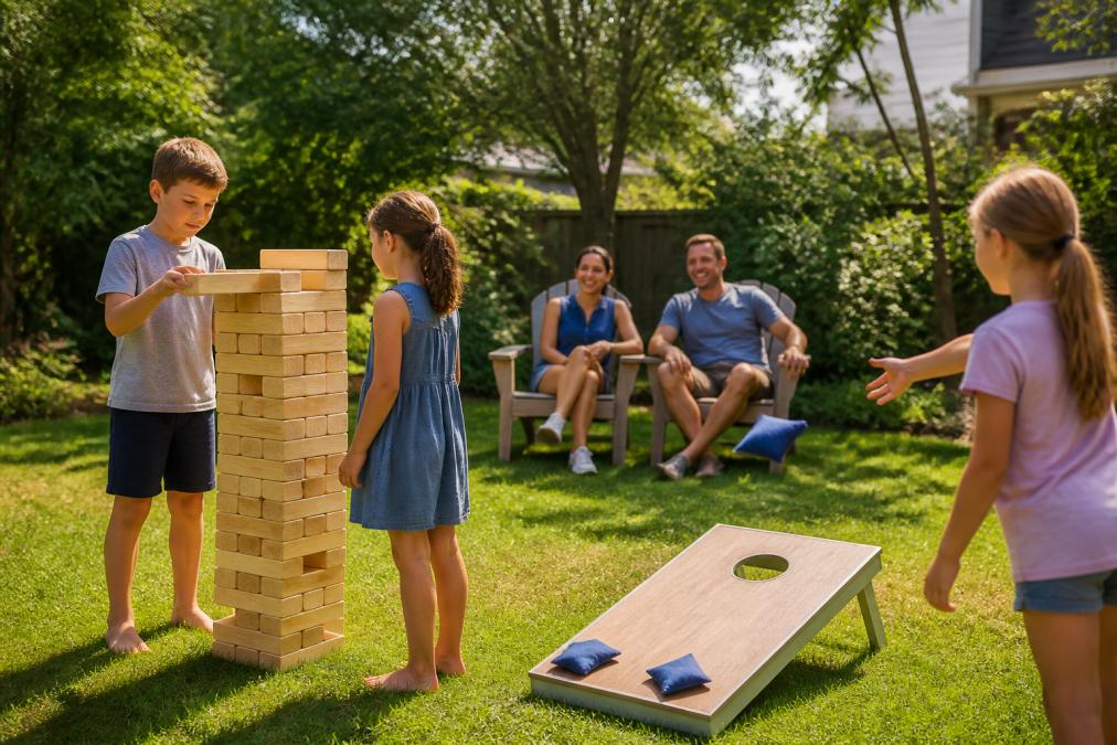 Children playing giant Jenga and cornhole games in a small residential backyard, with parents watching and smiling from lawn chairs, afternoon sunlight casting soft shadows