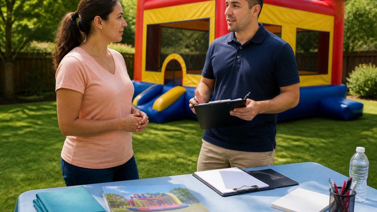 Infographic checklist for vetting bounce house rental pricing and services before booking your party event.