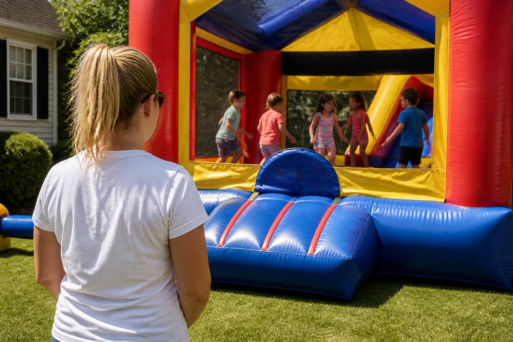 Adult supervisor positioned at bounce house entrance with clear sightlines into the interior, monitoring multiple children playing safely inside on a sunny afternoon in residential backyard setting