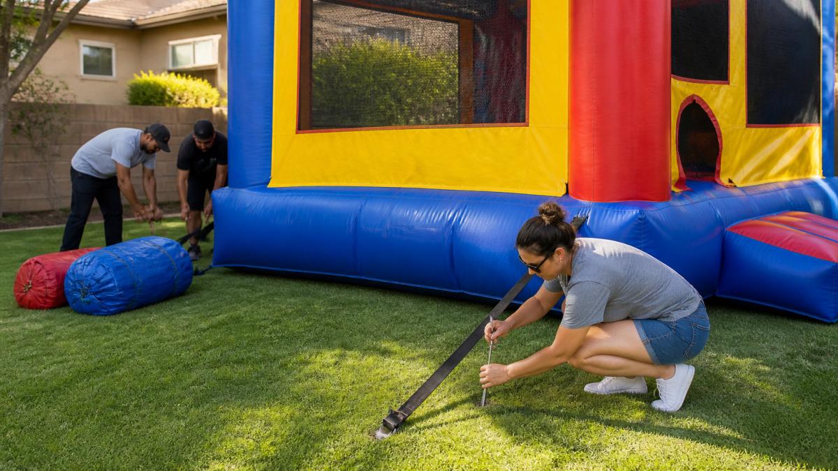 Backyard crew staking down an inflated bounce house to ensure proper bounce house safety during setup