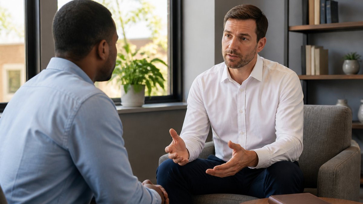Two men engaged in an honest, respectful conversation about boundaries biblical leadership in a calm office.