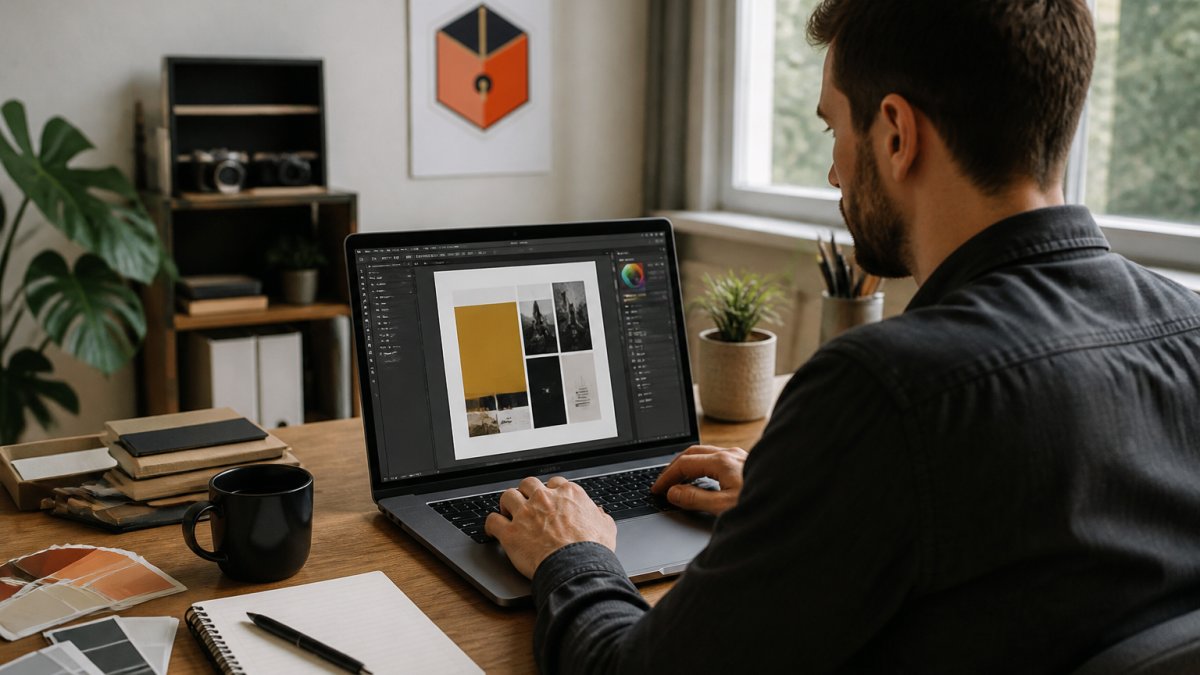 Professional designer working on laptop with design software open, customizing a digital template with brand colors and logo visible on screen in modern home office with natural lighting