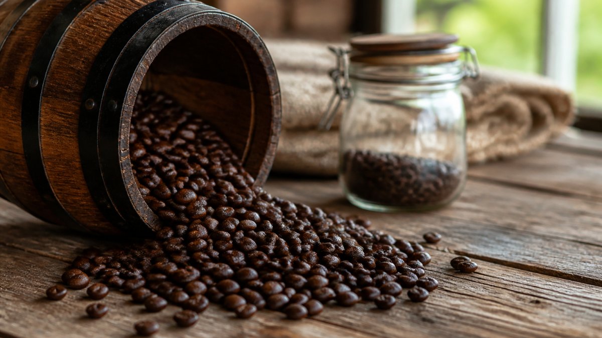 Close-up of dark roasted coffee beans spilling from a small oak barrel onto a rustic wooden table, with a vintage glass jar and soft natural light in the background
