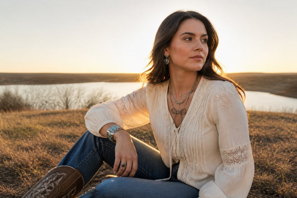 Woman wearing layered turquoise and sterling silver necklaces with a western blouse and pearl details, standing outdoors with cowboy boots visible, natural golden hour lighting