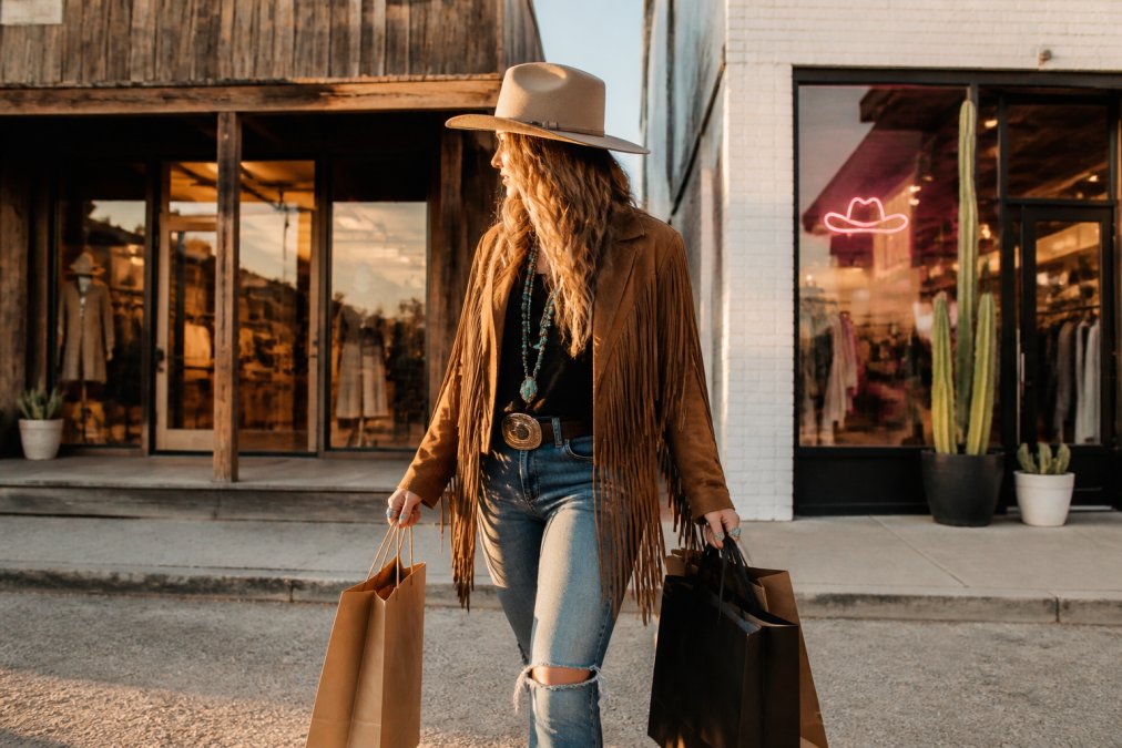 A stylish woman in a suede fringe jacket holding shopping bags, standing between two boutique storefronts, one rustic wood and one painted brick with neon sign, late afternoon golden hour lighting