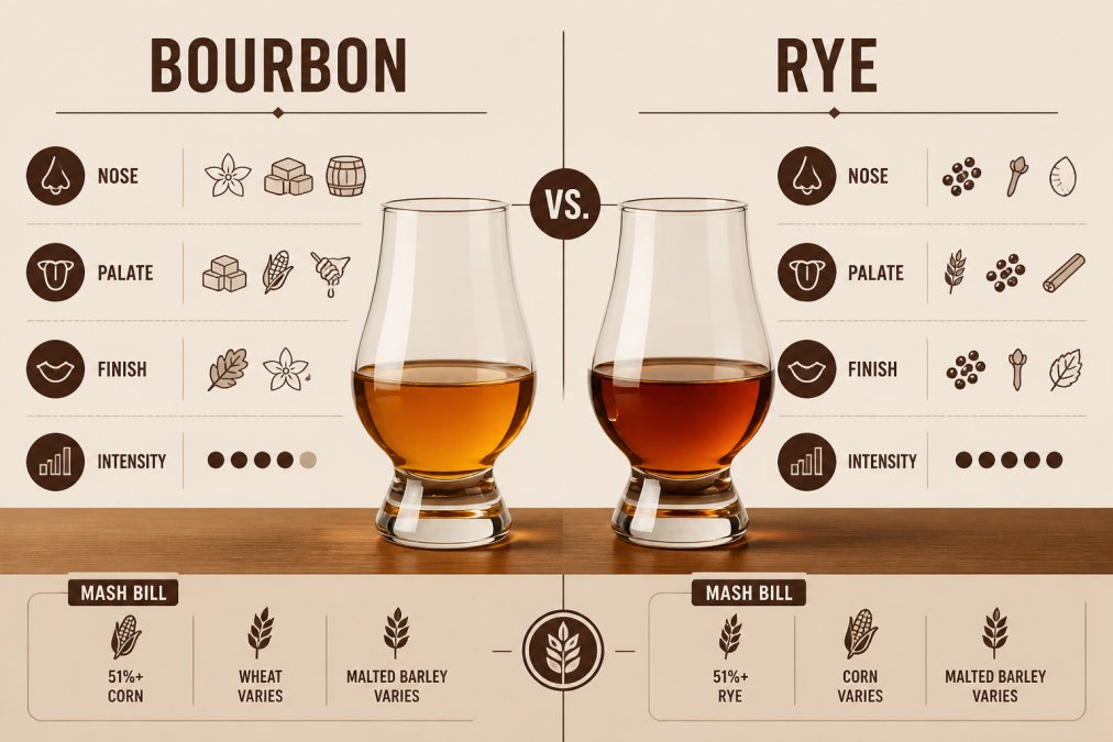 Two whiskey glasses side by side on a wooden bar counter, one filled with amber bourbon and one with darker rye whiskey, natural bar lighting highlighting the color differences and clarity